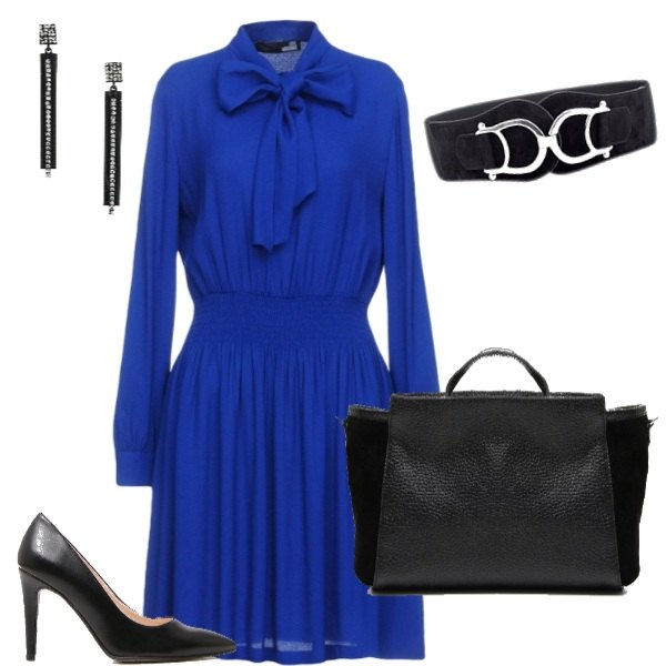 Outfit donna - Total look #166435. per Ufficio. Abbinamento con cinture, vestito con fiocco e arricciature a maniche lunghe interno sfoderato in viscosa senza tasche crêpe, orecchini con strass e farfallina, décolleté nero, borsa a tracolla effetto scamosciato con zip.