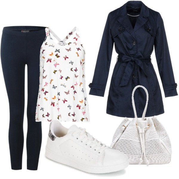 Outfit donna - Inizia l\'università!. Stile Urban per Scuola/Università. Abbinamento con top, soprabito twill, borsa a spalla secchiello maxi traforato con coulisse interno sfoderato in pelle sintetica tinta unita, scarpe bianco, leggings.
