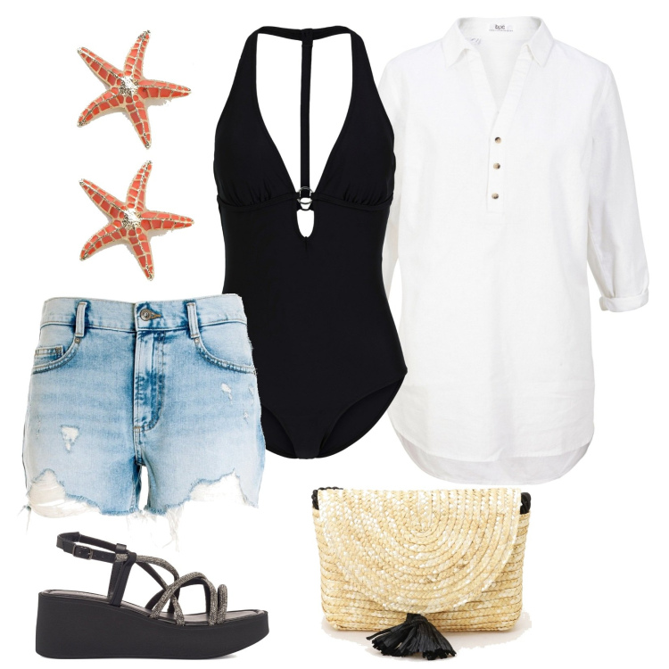 Outfit donna - Dalla città al lido. Stile Casual per Mare. Abbinamento con costumi interi, tuniche, pantaloni corti, pochette, orecchini, sandali gioiello.