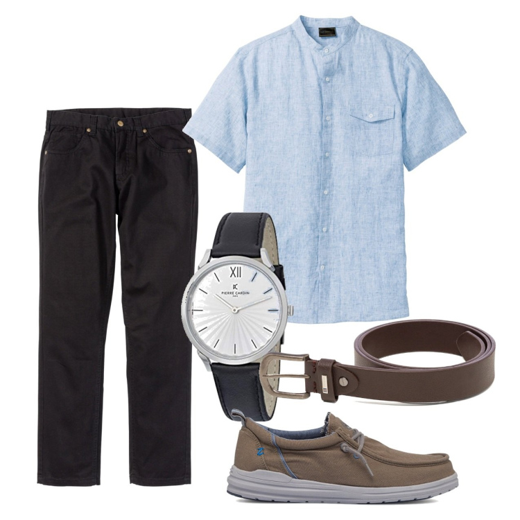 Outfit uomo - Ufficio ad agosto. Stile Casual per Ufficio. Abbinamento con pantaloni, camicie a manica corta, scarpe stringate, cinture, orologi.