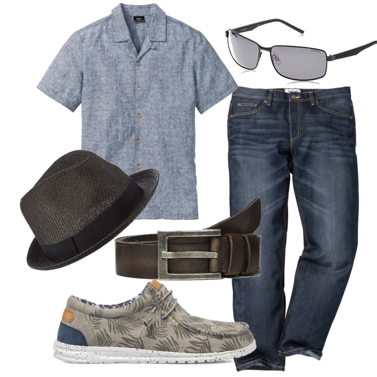Outfit uomo - In giro insieme. Stile Trendy per Tutti i giorni. Abbinamento con jeans dritti, camicie a manica corta, scarpe stringate, cinture, occhiali da sole, cappelli.