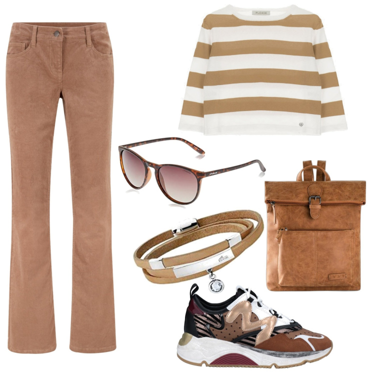 Outfit donna - Estate in montagna curvy. Stile Casual per Tutti i giorni. Abbinamento con pantaloni, zaini, sneakers, maglieria, occhiali da sole, braccialetti.