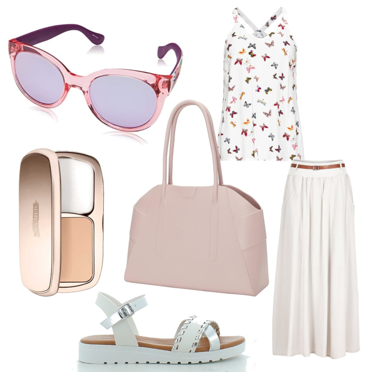 Outfit donna - Curvy d\'estate. Stile Romantica per Tutti i giorni. Abbinamento con top, gonne lunghe, sandali in pelle, fondotinta, borse a spalla, occhiali da sole.