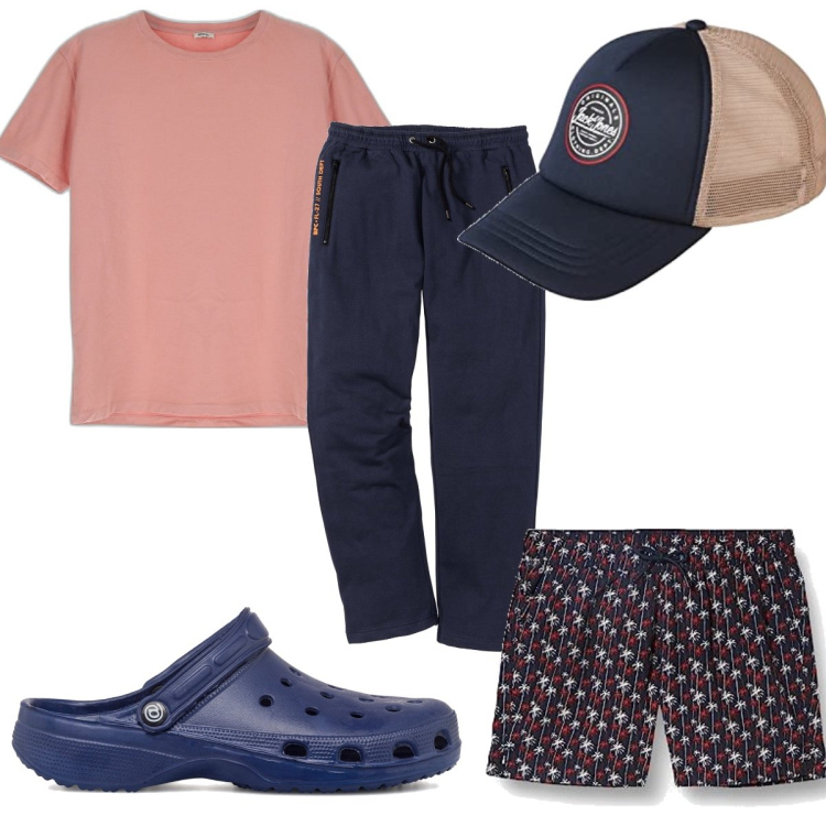 Outfit uomo - Total look #1664636. Stile Casual per Mare. Abbinamento con pantaloni, t-shirt, sandali, costumi, cappelli con visiera.