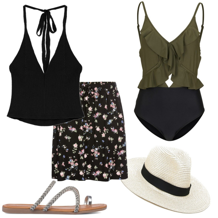 Outfit donna - Un’estate al mare. Stile Bon Ton per Mare. Abbinamento con costumi interi, minigonne, top, cappelli con visiera, infradito.