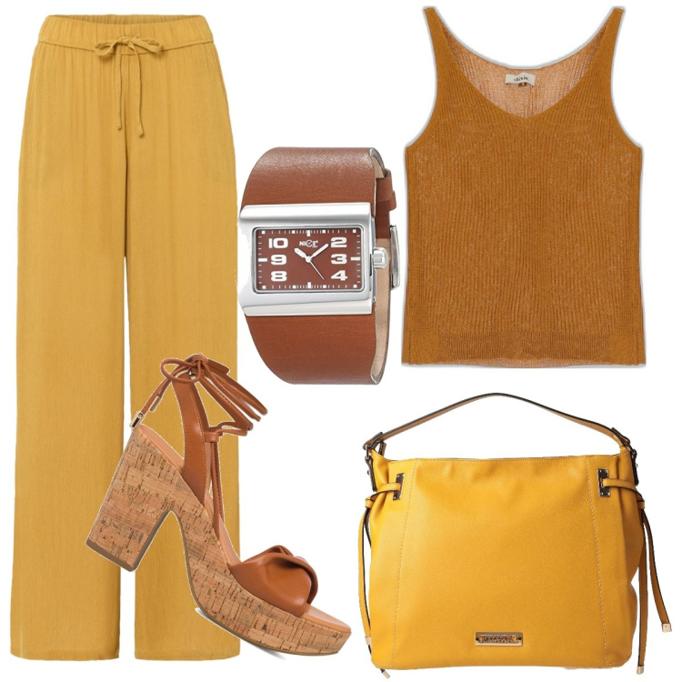 Outfit donna - Total look #1664765. Stile Basic per Tutti i giorni. Abbinamento con pantaloni, borse a mano, canottiere, sandali alla schiava, orologi analogici.