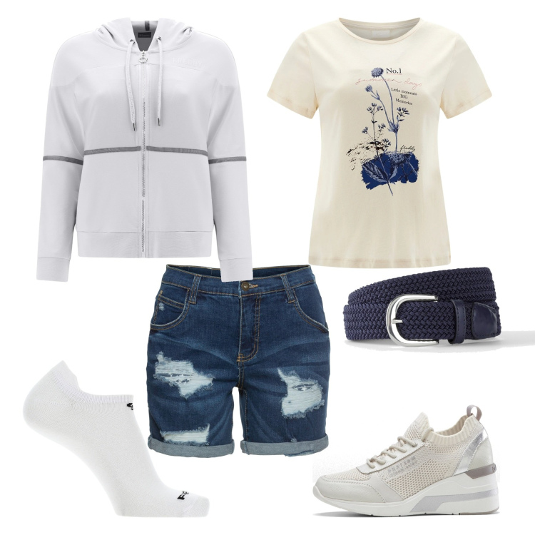 Outfit donna - Domenica fuori porta. Stile Casual per Tutti i giorni. Abbinamento con sneakers, cinture, shorts, calzini, t-shirt, felpe con cappuccio.