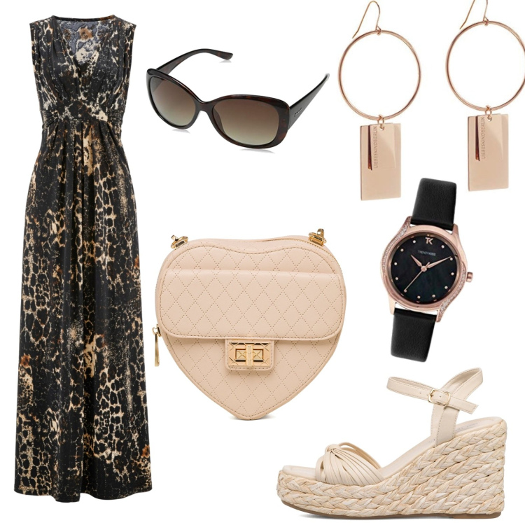 Outfit donna - Vestito lungo a fantasia. Stile Basic per Tutti i giorni. Abbinamento con vestiti, sandali col tacco, borse a tracolla, orologi, orecchini, occhiali da sole.