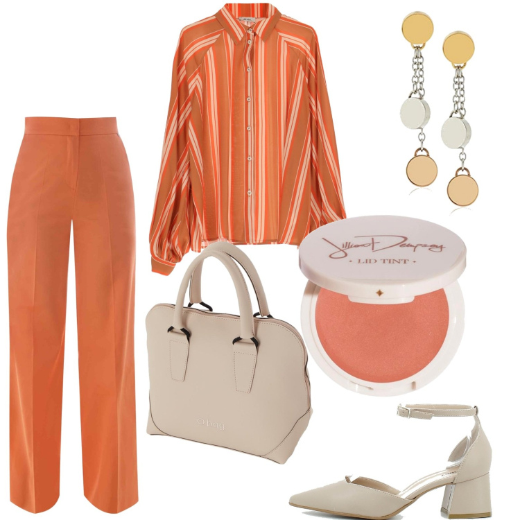 Outfit donna - Per ufficio. Stile Mannish per Tutti i giorni. Abbinamento con sandali in pelle, pantaloni, camicie, orecchini, borse a spalla, ombretti.