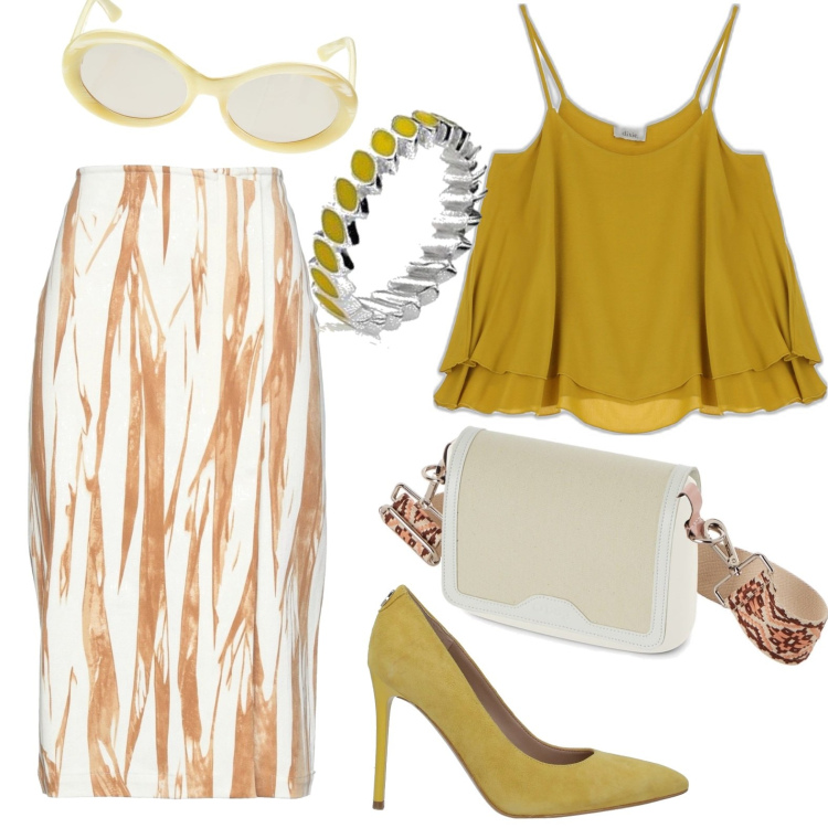 Outfit donna - Total look #1664910. Stile Chic per Ufficio. Abbinamento con décolleté, gonne longuette, canottiere, anelli, occhiali da sole, borse a spalla.