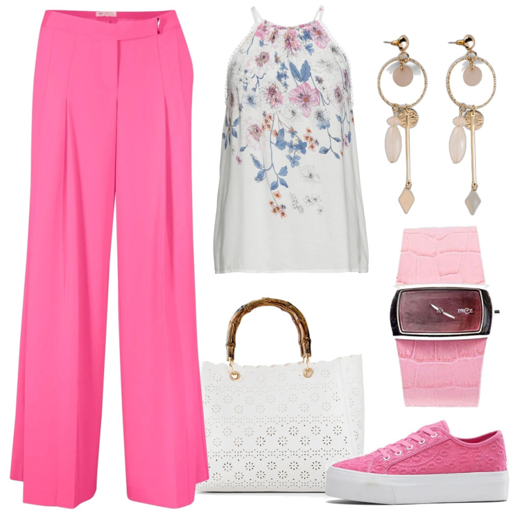 Outfit donna - Rosa e floreale d\'estate. Stile Casual chic per Tutti i giorni. Abbinamento con top, orecchini, pantaloni, sneakers, borse a mano, orologi analogici.