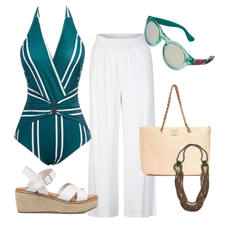 Outfit donna - Total look mare. Stile Glamour per Mare. Abbinamento con pantaloni, collane, borse a spalla, sandali col tacco, costumi interi, occhiali da sole.