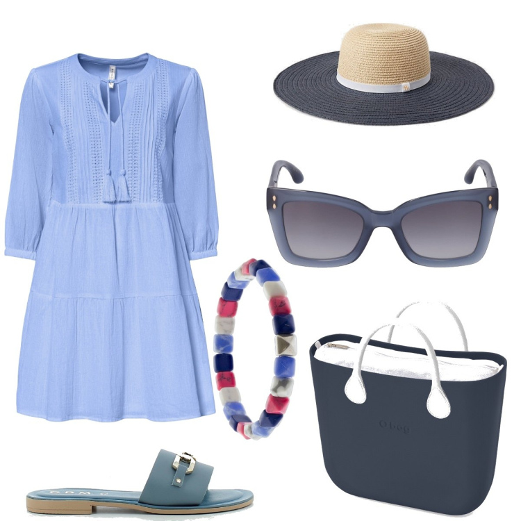 Outfit donna - Viva St. Tropez. Stile Boho per Mare. Abbinamento con vestiti da spiaggia, sandali in pelle, cappelli, borse a spalla, braccialetti, occhiali da sole.