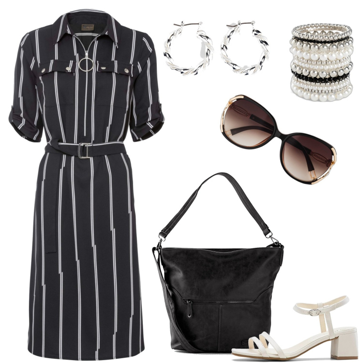 Outfit donna - In ufficio total Bonprix. Stile Chic per Ufficio. Abbinamento con borse a tracolla, occhiali da sole, braccialetti, orecchini, vestiti chemisier, sandali col tacco.