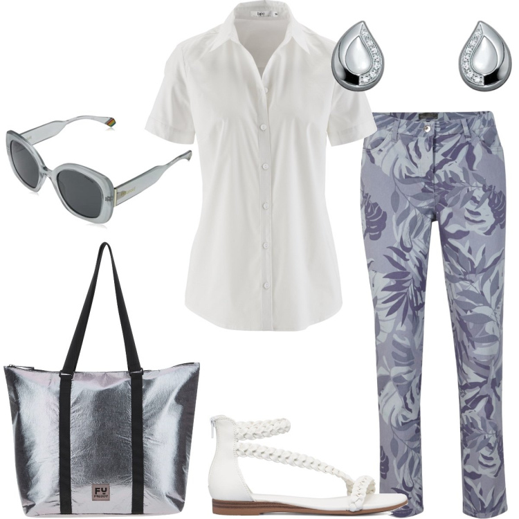 Outfit donna - Ufficio. Stile Casual per Ufficio. Abbinamento con camicie a manica corta, pantaloni capri, borse tote, sandali, orecchini, occhiali da sole.