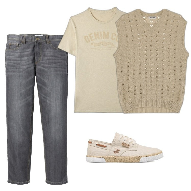Outfit uomo - Il gilet in maglia. Stile Casual per Tutti i giorni. Abbinamento con jeans dritti, t-shirt, gilet, sneakers.