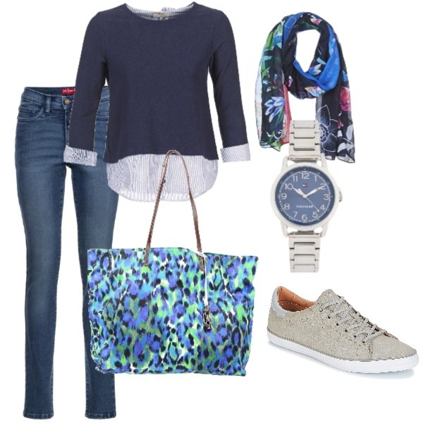 Outfit donna - Basic #15644. Stile Basic per Tutti i giorni. Abbinamento con jeans slim fit, borsa a spalla maxi fantasia multicolore doppio manico interno foderato in raso, orologio con cinturino, t-shirt a maniche lunghe blu, scarpe grigio, sciarpa multicolore.