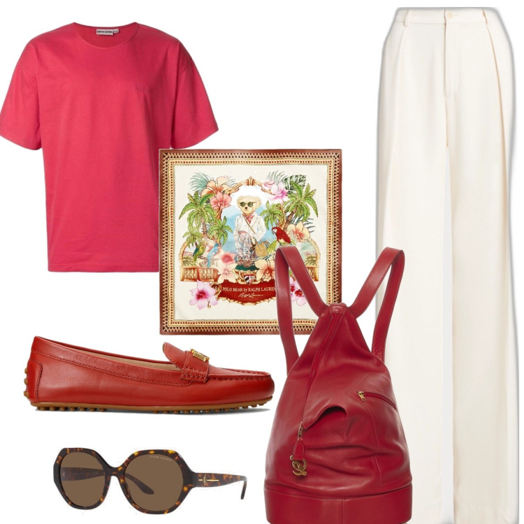 Outfit donna - Accessori e t-shirt in rosso. Stile Sporty chic per Tutti i giorni. Abbinamento con zaini, t-shirt, mocassini, pantaloni, sciarpe, occhiali da sole.