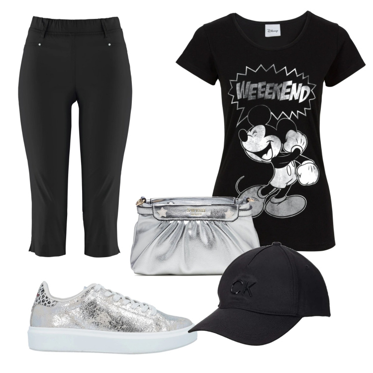Outfit donna - Minnie in città. Stile Casual per Tutti i giorni. Abbinamento con t-shirt, pantaloni, sneakers, clutch, cappelli.