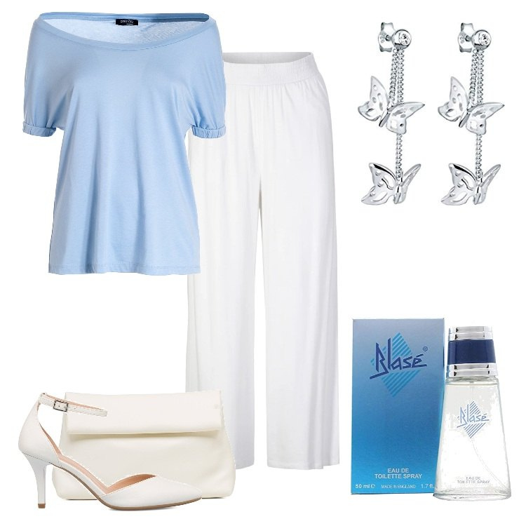 Outfit donna - Deliziosa in ufficio. Stile Casual per Ufficio. Abbinamento con pantaloni, t-shirt, décolleté, borse a tracolla, orecchini, profumi.