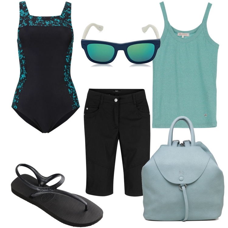 Outfit donna - Oggi in piscina. Stile Casual per Mare. Abbinamento con costumi interi, bermuda, top, infradito, zaini, occhiali da sole.