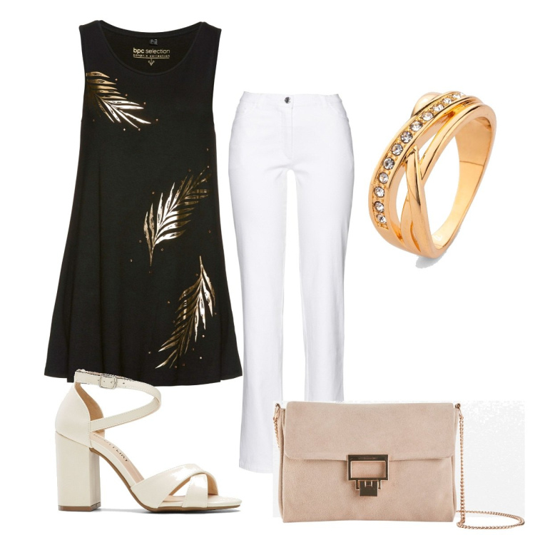 Outfit donna - Chic per la sera. Stile Chic per Serata fuori. Abbinamento con top, pantaloni, sandali col tacco, anelli, pochette.