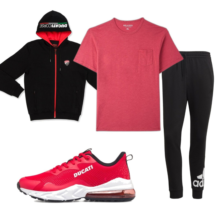 Outfit uomo - Total look #1665317. Stile Trendy per Sport. Abbinamento con t-shirt, felpe con cappuccio, pantaloni, sneakers.