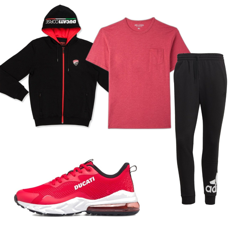 Outfit uomo - Total look #1665321. Stile Casual per Sport. Abbinamento con t-shirt, felpe con cappuccio, pantaloni, sneakers.