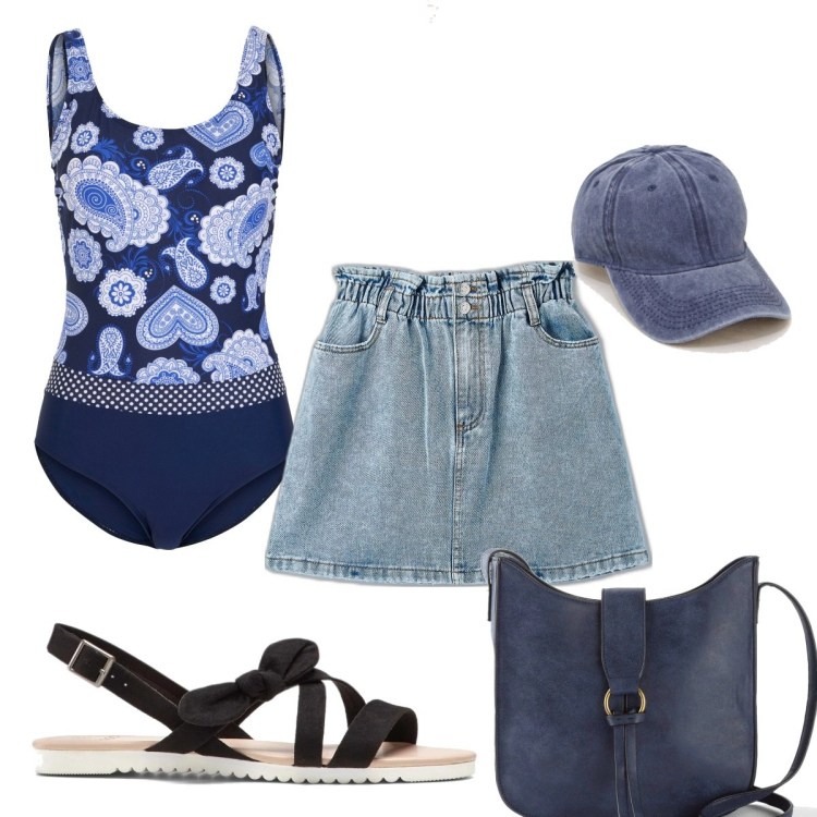 Outfit donna - Il costume intero in piscina. Stile Trendy per Mare. Abbinamento con costumi interi, sandali, borse a tracolla, minigonne, cappelli con visiera.