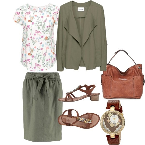 Outfit donna - Con i colori della terra. Stile Trendy per Tutti i giorni. Abbinamento con bluse, gonna con cintura verde, giacca scollo a cascata verde, sandali con strass effetto scamosciato con tacco squadrato e fibbia con punta tonda tinta unita, borsa marrone, orologio analogico marrone.