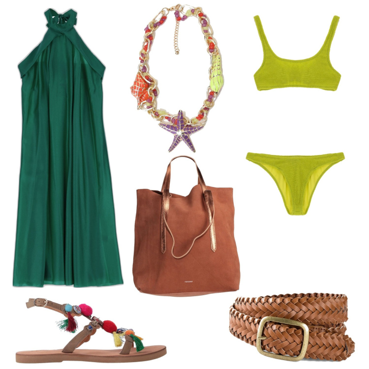 Outfit donna - In vacanza boho-chic. Stile Boho per Mare. Abbinamento con cinture, sandali, borse a mano, vestiti lunghi, collane, costumi.