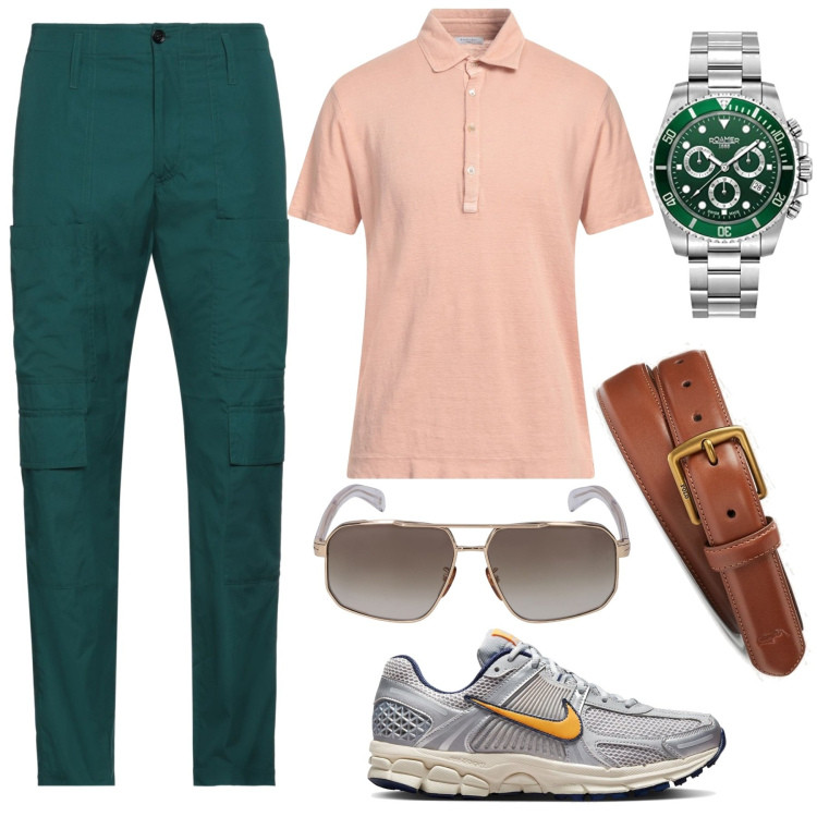Outfit uomo - La polo chiara. Stile Urban per Tutti i giorni. Abbinamento con pantaloni cargo, polo, cinture, orologi, occhiali da sole, sneakers.