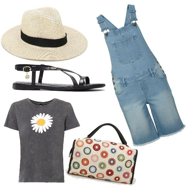 Outfit donna - Sportiva in città. Stile Casual per Tutti i giorni. Abbinamento con t-shirt, sandali in pelle, salopette, borse a mano, cappelli con visiera.