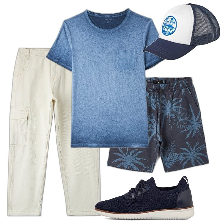 Outfit uomo - Total look #1665708. Stile Casual per Mare. Abbinamento con t-shirt, pantaloni cargo, bermuda, scarpe stringate, cappelli con visiera.