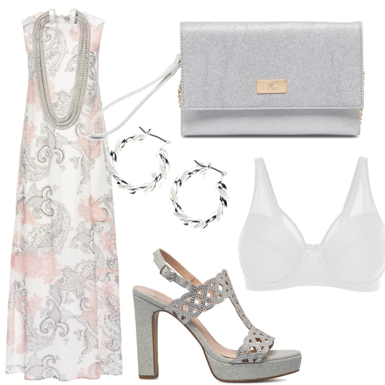 Outfit donna - Cerimonia estiva. Stile Chic per Cerimonia. Abbinamento con reggiseni, vestiti lunghi, orecchini, collane, sandali gioiello, clutch.