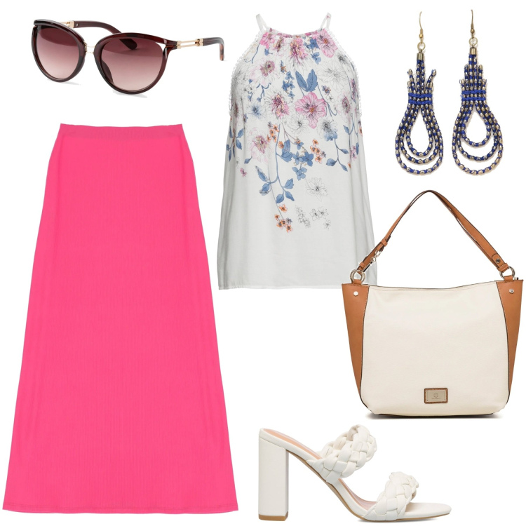 Outfit donna - I sandali per l\'estate. Stile Romantica per Tutti i giorni. Abbinamento con top, occhiali da sole, gonne lunghe, orecchini, borse a spalla, sandali in pelle.
