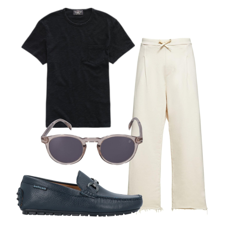 Outfit uomo - Pomeriggio libero. Stile Trendy per Tutti i giorni. Abbinamento con scarpe stringate, t-shirt, occhiali da sole, pantaloni.