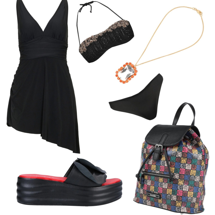 Outfit donna - Al mare. Stile Casual per Mare. Abbinamento con vestiti da spiaggia, sandali in pelle, bikini, zaini, ciondoli.