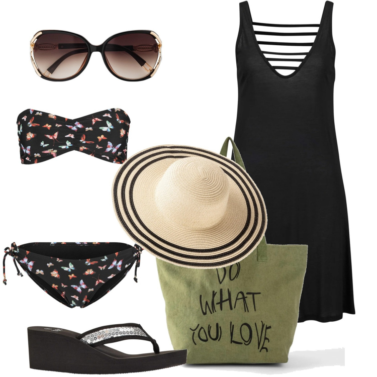 Outfit donna - Il costume per la piscina. Stile Trendy per Mare. Abbinamento con bikini, vestiti da spiaggia, occhiali da sole, shopping bag, infradito, cappelli.