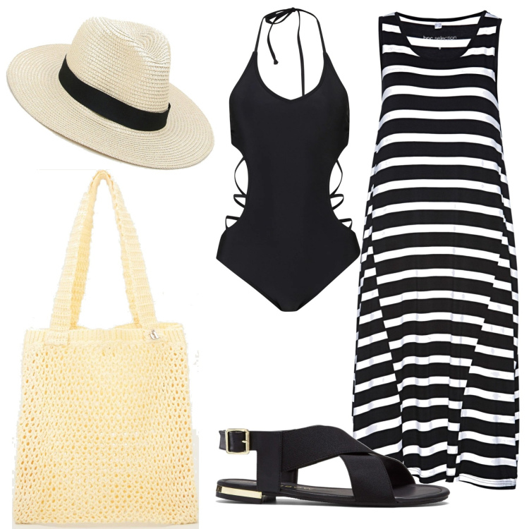 Outfit donna - Vado in piscina. Stile Trendy per Mare. Abbinamento con sandali, costumi interi, vestiti midi/longuette, cappelli con visiera, shopping bag.