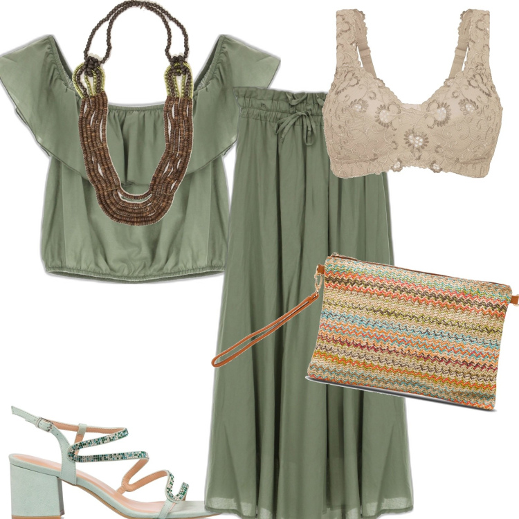 Outfit donna - Per il giorno. Stile Casual per Tutti i giorni. Abbinamento con reggiseni, gonne lunghe, collane, top, sandali gioiello, pochette.