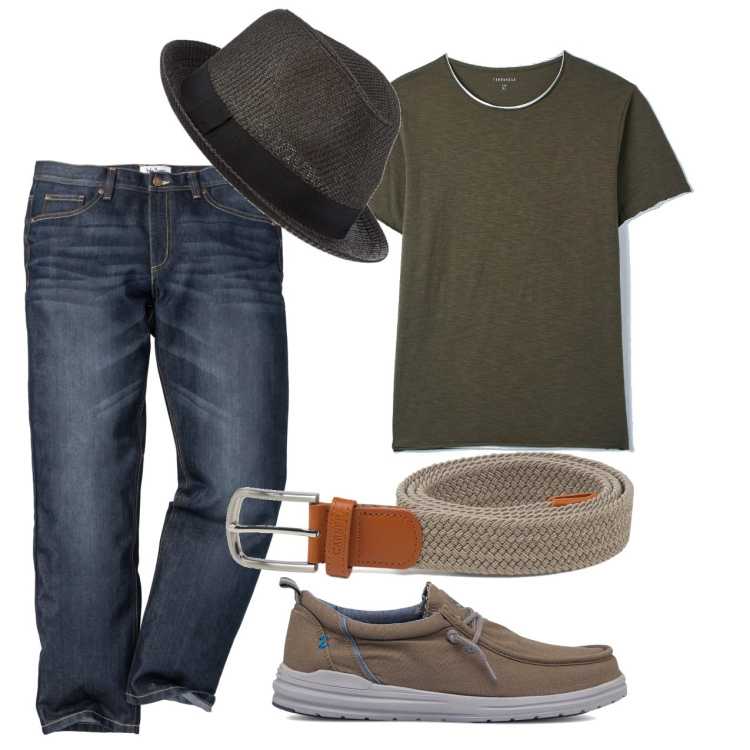 Outfit uomo - Tshirt, jeans e una nota chic. Stile Trendy per Tutti i giorni. Abbinamento con jeans dritti, t-shirt, scarpe stringate, cinture, cappelli.