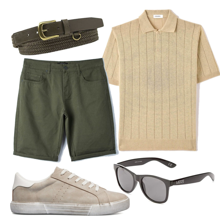 Outfit uomo - Una polo particolare. Stile Casual per Tutti i giorni. Abbinamento con sneakers, pantaloni, maglieria, occhiali da sole, cinture.