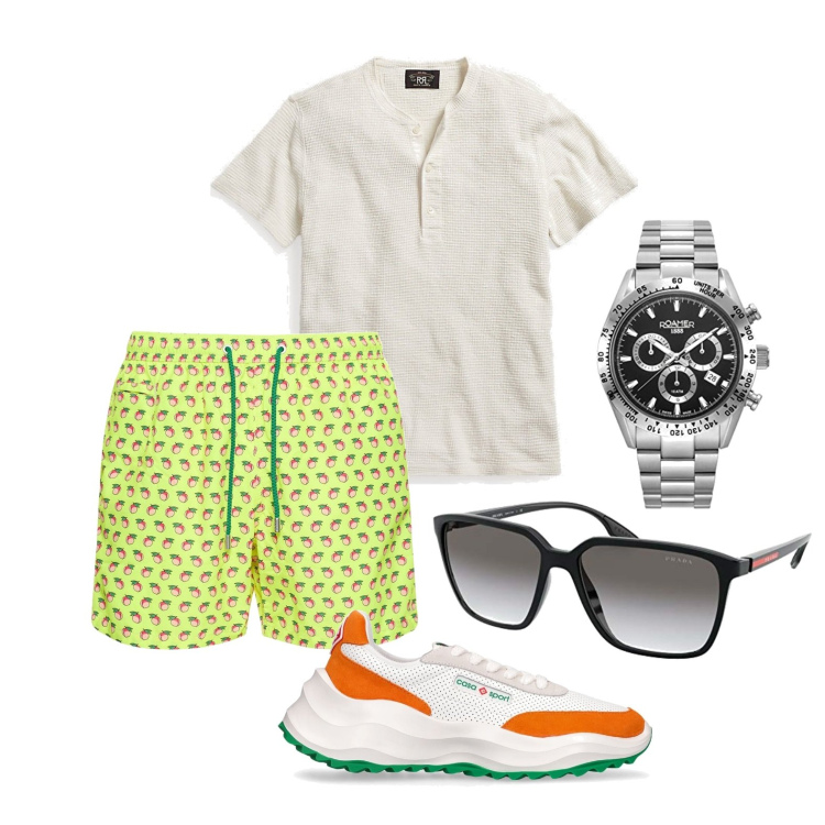 Outfit uomo - Ghost outfitter - luglio. Stile Trendy per Mare. Abbinamento con t-shirt, sneakers, occhiali da sole, orologi, shorts.