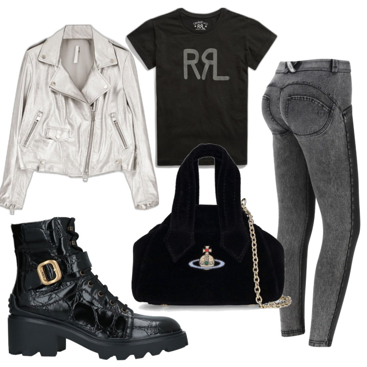 Outfit donna - Total look #1666139. Stile Rock per Tutti i giorni. Abbinamento con stivaletti, giacche, jeggings, t-shirt, borse a spalla.