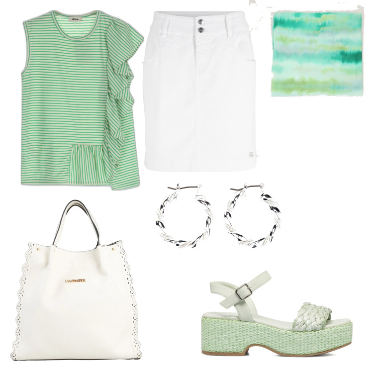 Outfit donna - In bianco e verde. Stile Basic per Tutti i giorni. Abbinamento con minigonne, orecchini, borse a mano, sciarpe, canottiere, sandali col tacco.