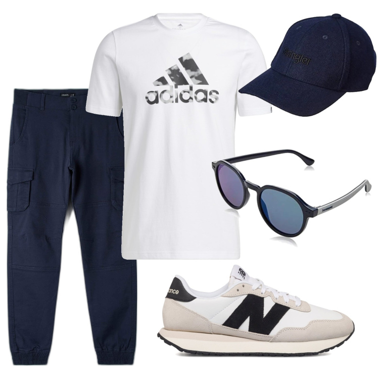 Outfit uomo - Sporty. Stile Urban per Tutti i giorni. Abbinamento con t-shirt, sneakers, pantaloni cargo, occhiali da sole, cappelli con visiera.