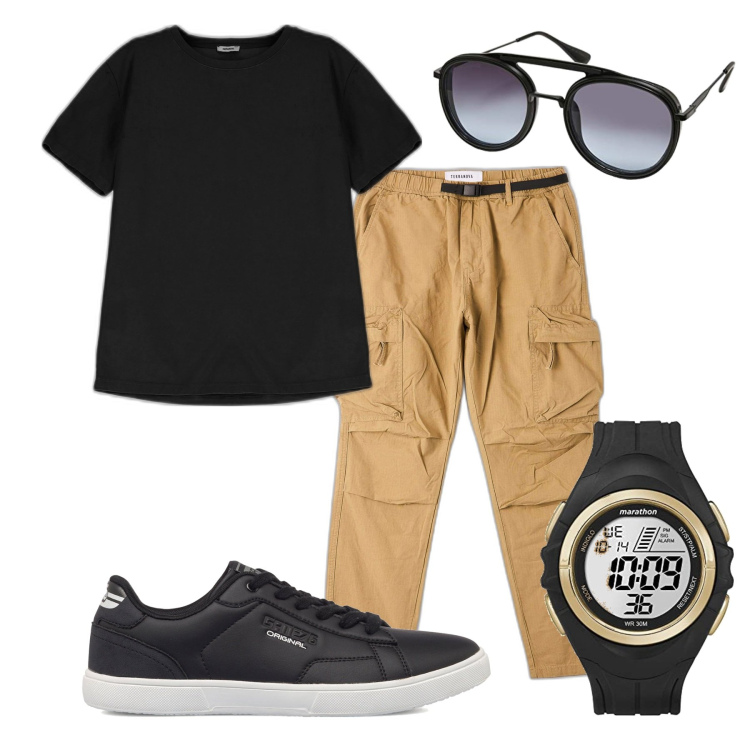 Outfit uomo - Total look. Stile Casual per Tutti i giorni. Abbinamento con t-shirt, sneakers, pantaloni cargo, occhiali da sole, orologi digitali.