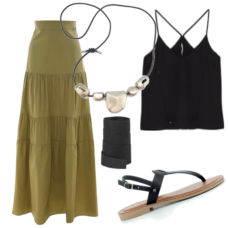 Outfit donna - La gonna lunga. Stile Boho per Tutti i giorni. Abbinamento con cinture, canottiere, sandali in pelle, gonne lunghe, collane.
