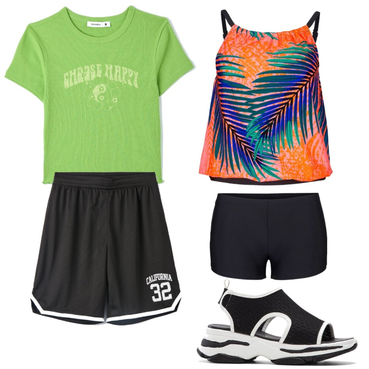 Outfit donna - Lezione di idrobike. Stile Sporty chic per Mare. Abbinamento con costumi interi, sandali col tacco, bermuda, t-shirt.
